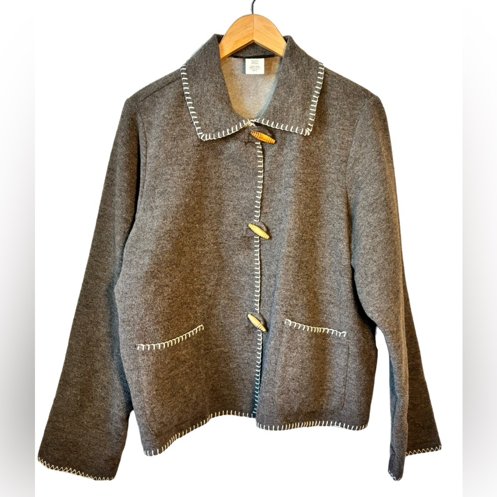 Harris Wallace Gray Wool Blend Jacket White Stitched Trim Wood Buttons Size XL